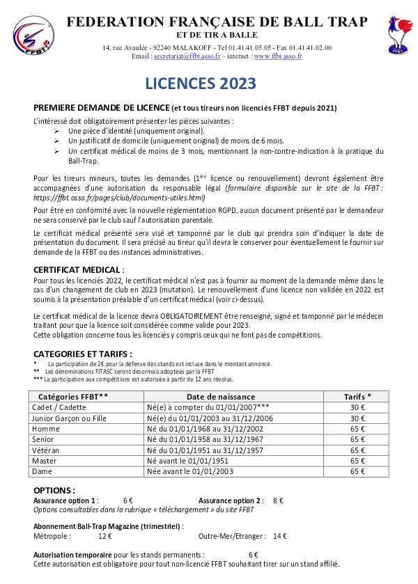 Licences ffbt 2023